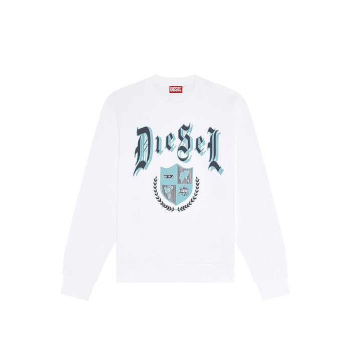 Sweat col rond Diesel homme blanc, imprimé grand format typographie gothique et écusson héraldique bleu, fond blanc — Delvale