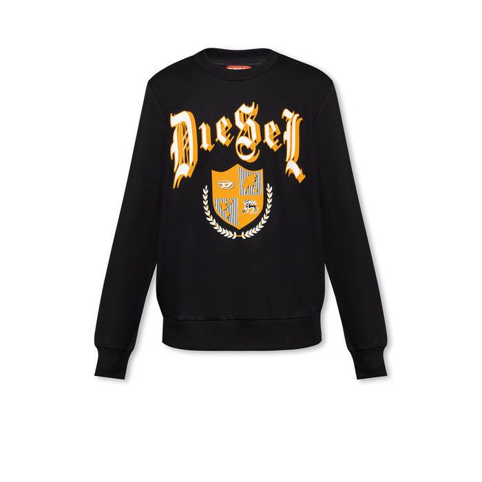 Sweat col rond Diesel homme noir, imprimé écusson héraldique orange grand format, typographie gothique blanche, fond blanc — Delvale