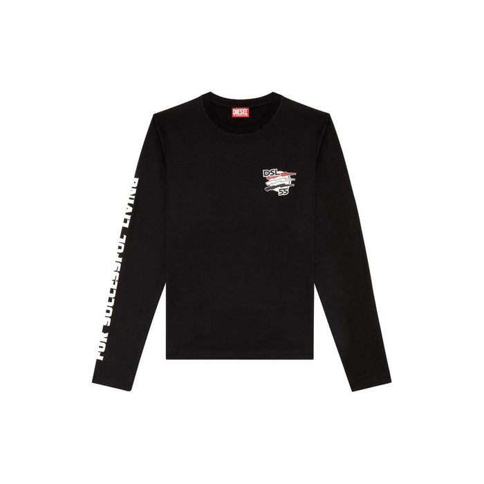 T-shirt manches longues Diesel homme noir, patch brodé DSL 55 poitrine gauche, inscription manche blanche, fond blanc — Delvale