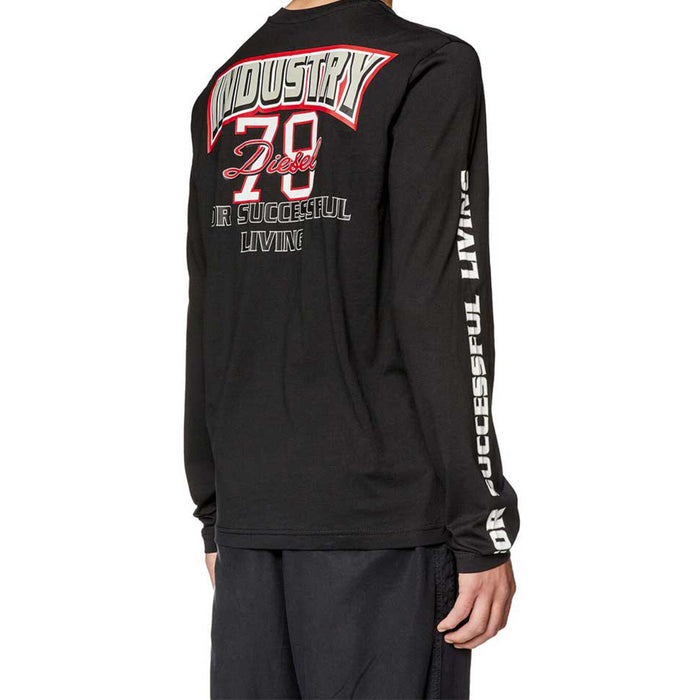 T-shirt manches longues Diesel homme noir, imprimé Industry 78 For Successful Living au dos, inscription manche gauche blanche — Delvale