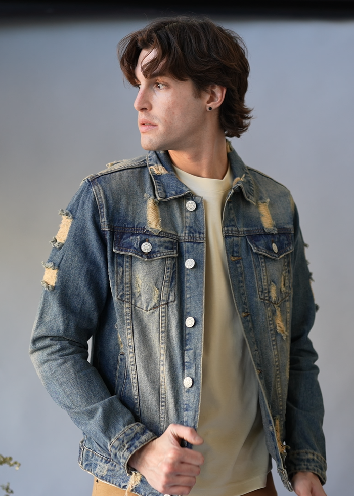 Distressed Faded Denim Jacket Victorious