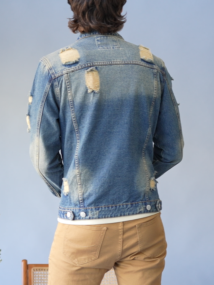 Distressed Faded Denim Jacket Victorious