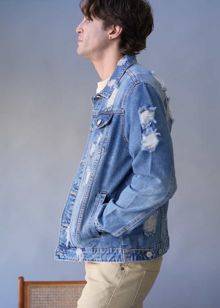 Distressed Faded Denim Jacket Victorious
