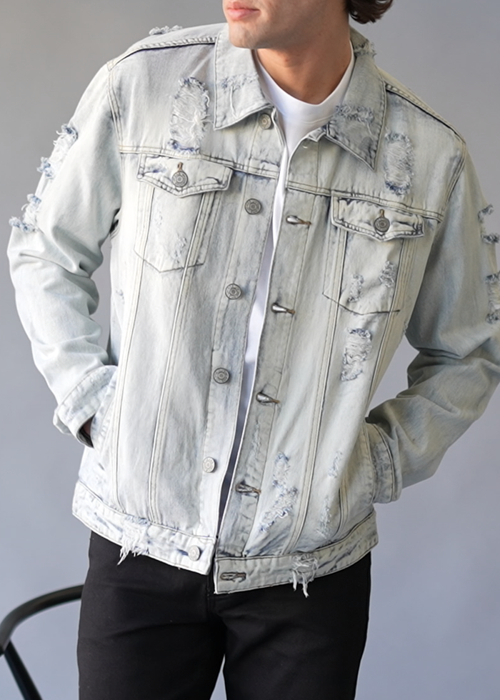Distressed Faded Denim Jacket Victorious