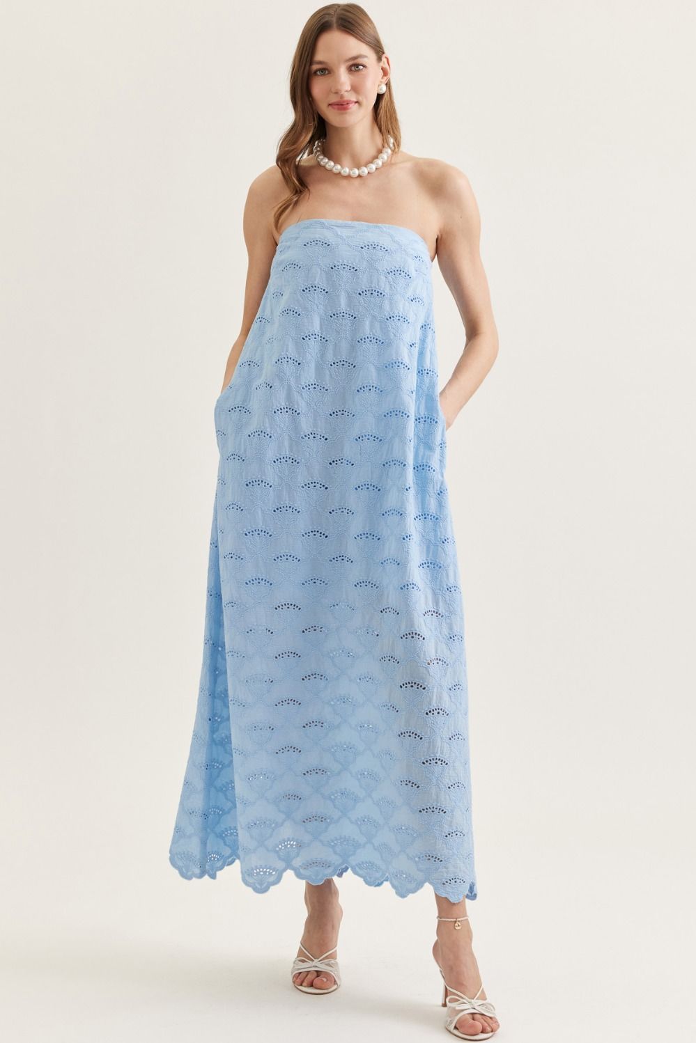 The Maris Strapless Eyelet Midi Dress