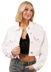Clean Finish Distressed Crop Denim Jacket (White)