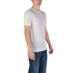 Image 3 : Détail texture tricot fin du t-shirt Fashion Brand homme blanc, col rond côtelé visible — Delvale