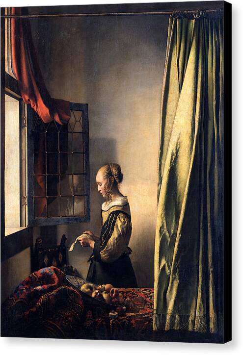 Girl Reading a Letter at an Open Window - Canvas Print
