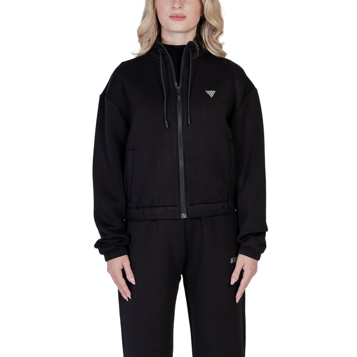 Image 1 : Sweat zippé à capuche crop Guess Active femme noir avec logo triangle en strass argentés — delvale