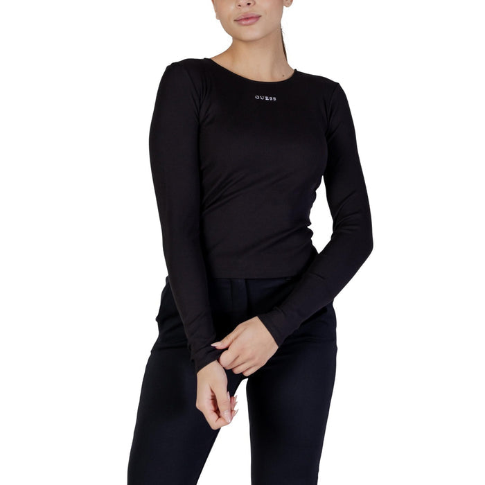 Image 1 : T-shirt manches longues Guess Active noir femme avec logo argenté, coupe ajustée — delvale