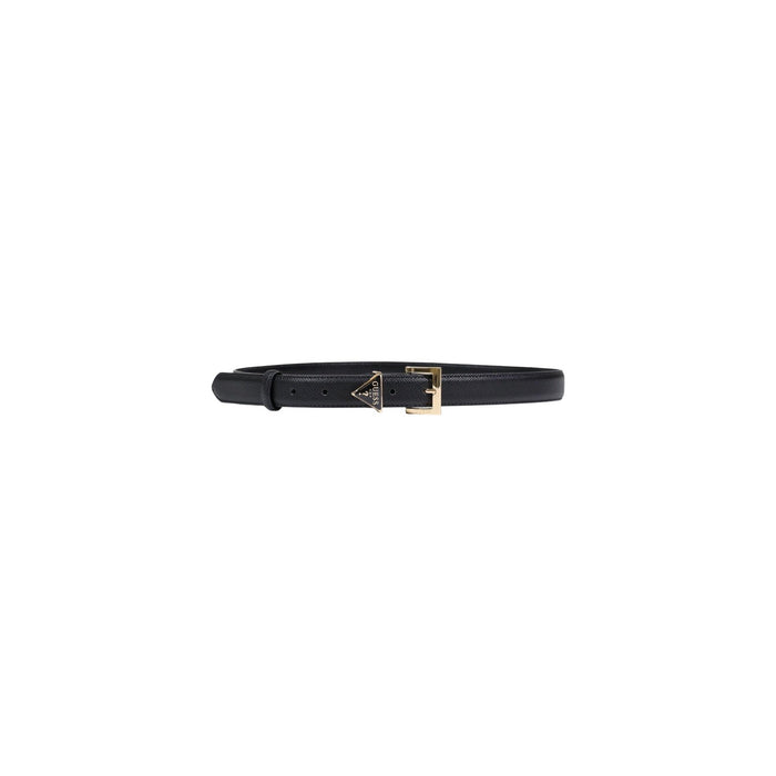 Image 1 : Ceinture fine Guess femme noire texturée saffiano avec boucle rectangle dorée et logo triangle Guess, vue de face enroulée — Delvale
