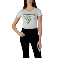 Image 2 : Vue de face du t-shirt Guess femme blanc avec motif triangle signature fleuri et point d'interrogation bleu canard — Delvale