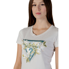Image 3 : Détail de l'imprimé logo Guess triangle orné de fleurs stylisées blanches et vertes sur t-shirt blanc femme — Delvale