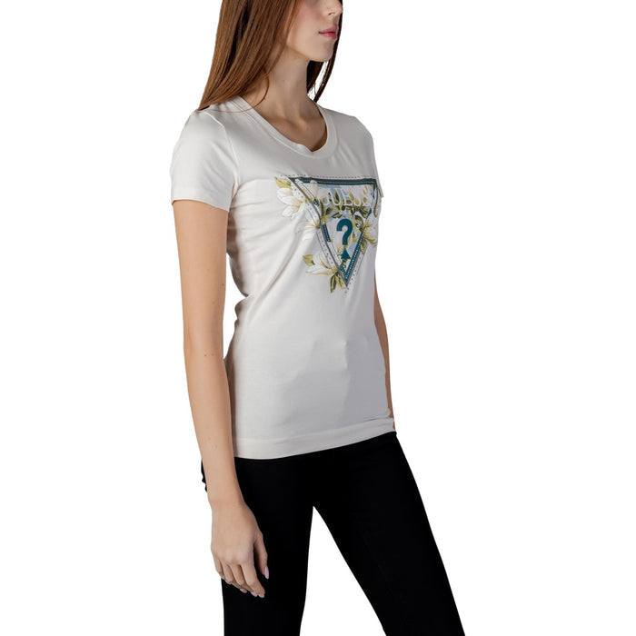 Image 5 : Vue trois quarts du t-shirt Guess femme logo triangle fleuri, encolure ras-du-cou, manches courtes — Delvale