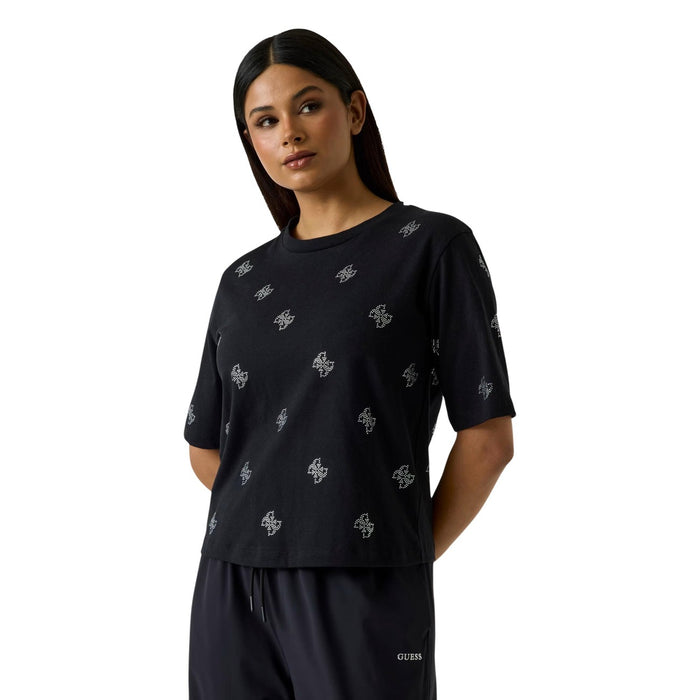 Image 1 : Femme portant un t-shirt Guess noir à manches courtes orné de logos 4G en strass scintillants all-over, vue de trois quarts — Delvale