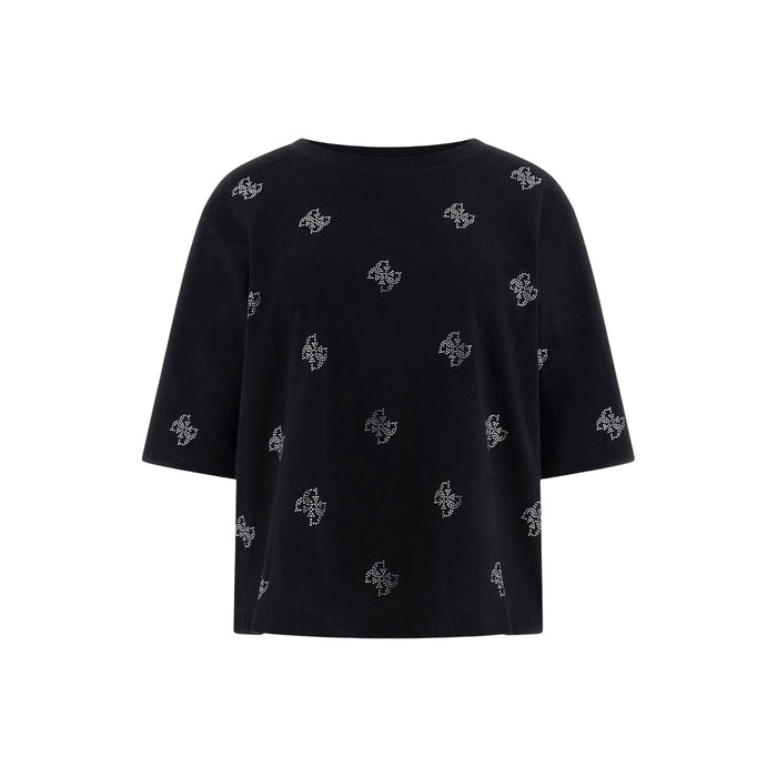 Image 5 : Vue de face du t-shirt Guess femme pur coton noir avec imprimé logos 4G en strass, coupe droite et encolure ronde — Delvale
