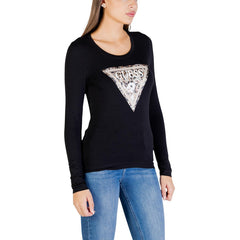 Image 3 : Vue de face du t-shirt Guess femme noir, coupe ajustée encolure ronde manches longues — Delvale