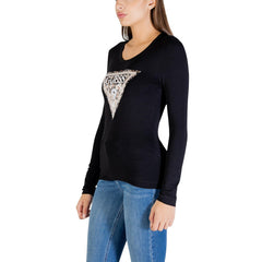 Image 4 : Vue de trois quarts du t-shirt manches longues Guess femme logo triangle strass noir — Delvale