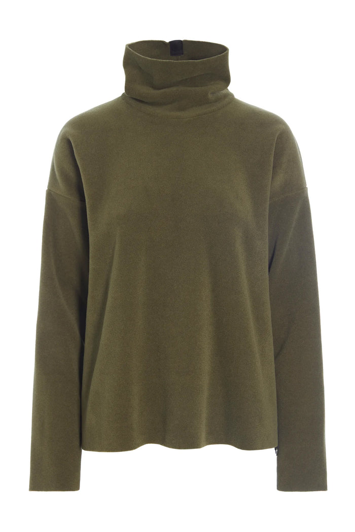 A high-neck fleece blouse in green, with a turtleneck design, displayed on a white background.