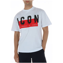 Image 1 : T-shirt blanc Icon homme porté de trois quarts, imprimé graphique ICON rouge et noir avec inscription Be Unique Be Iconic sur la poitrine — Delvale
