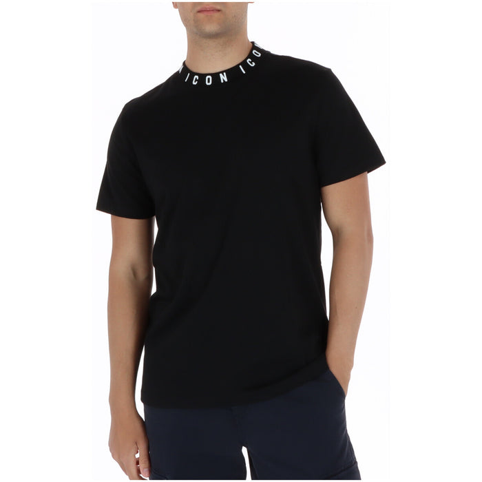 Image 1 : T-shirt homme Icon noir avec logo ICON brodé en blanc sur l'encolure ronde, porté par un homme sur fond blanc — Delvale