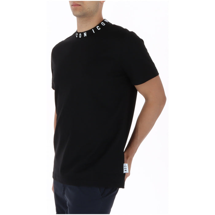 Image 3 : Détail du col rond du t-shirt Icon homme avec broderie logo ICON en lettres blanches sur fond noir — Delvale