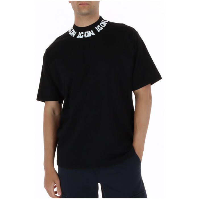 Image 1 : T-shirt homme Icon noir à manches courtes avec logo imprimé en répétition sur le col rond, porté par un homme sur fond blanc — Delvale