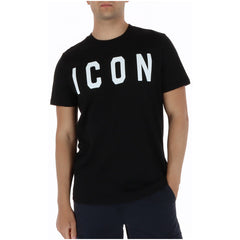 Image 1 : T-shirt Icon homme noir avec logo ICON imprimé oversize en lettres capitales blanches, porté par un homme, vue de face — Delvale