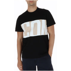 Image 1 : T-shirt homme Icon noir avec imprimé graphique logo oversize bicolore blanc et beige, col rond, manches courtes — Delvale