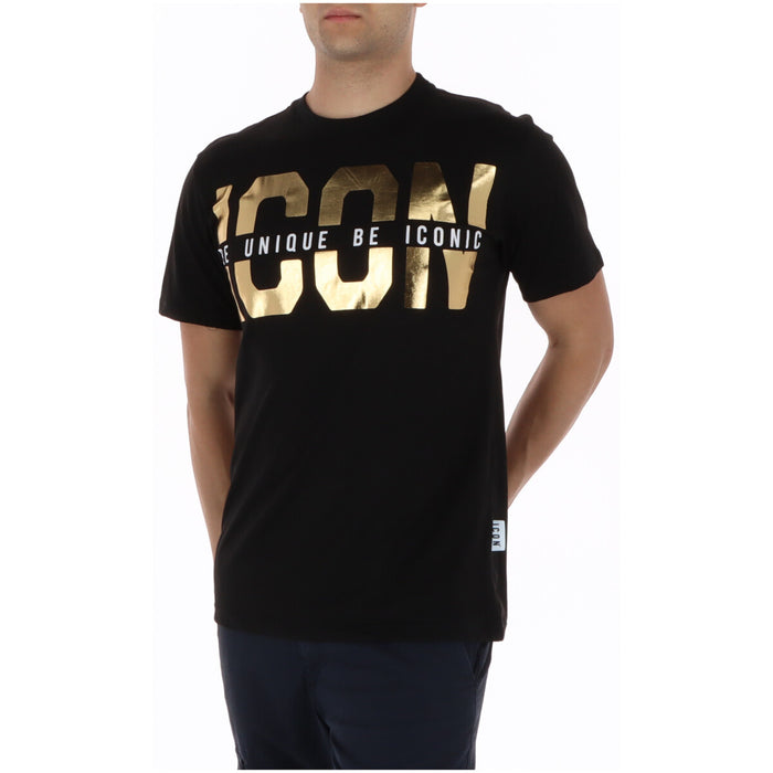 Image 3 : Vue de trois quarts du t-shirt Icon homme noir print doré, manches courtes et finition soignée — Delvale