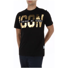 Image 3 : Vue de trois quarts du t-shirt Icon homme noir print doré, manches courtes et finition soignée — Delvale