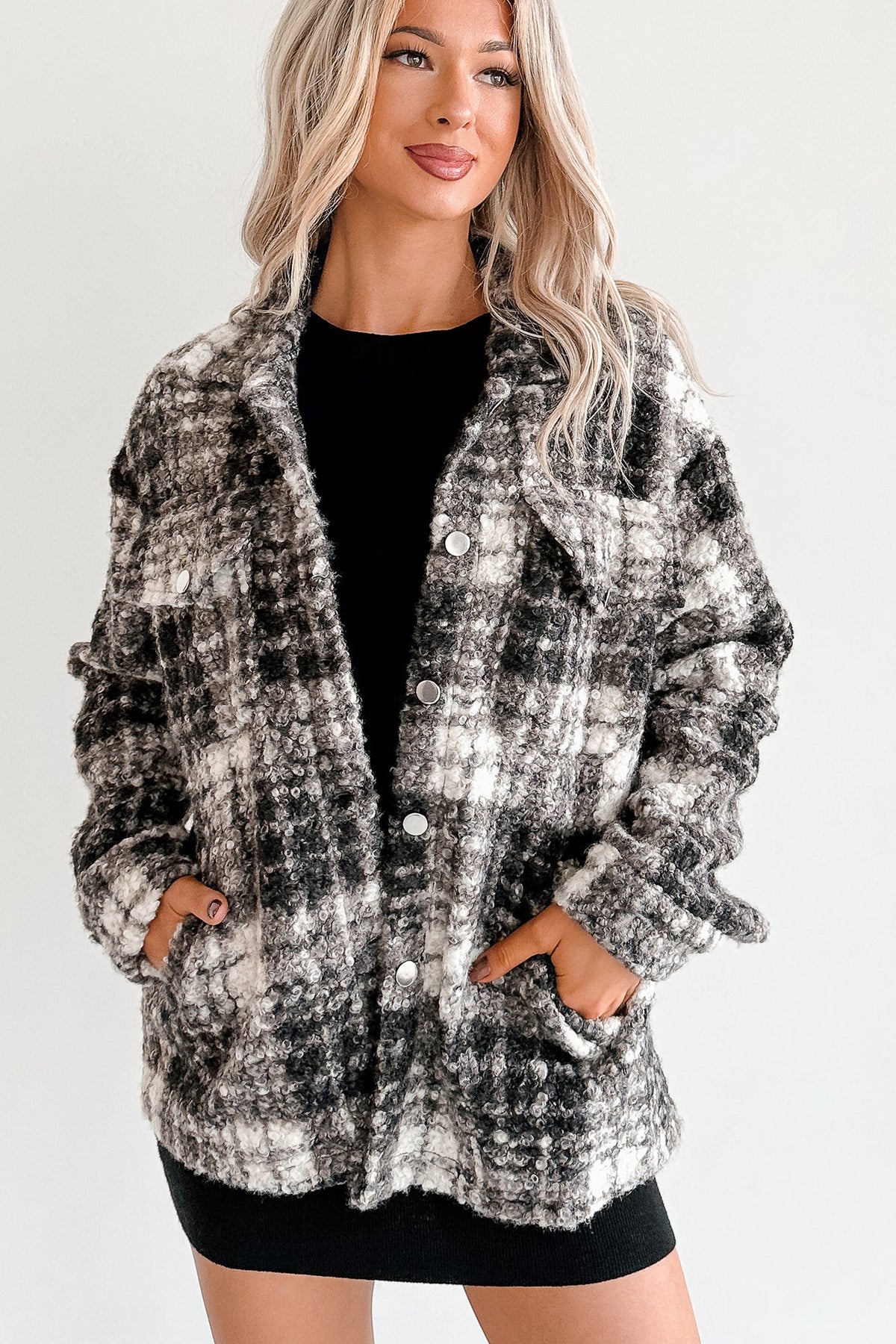 Deadline Driven Plaid Boucle Button-Up Jacket (Black)