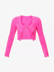 JACQUEMUS La Maille Neve Logo Pin Fluffy Pink Cropped Long Sleeve Top - House Of Huntington