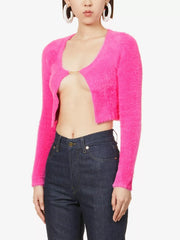 JACQUEMUS La Maille Neve Logo Pin Fluffy Pink Cropped Long Sleeve Top - House Of Huntington