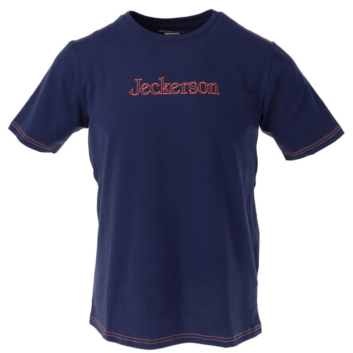 Image 1 : T-shirt Jeckerson homme bleu marine avec logo brodé orange en poitrine et surpiqûres contrastées — Delvale