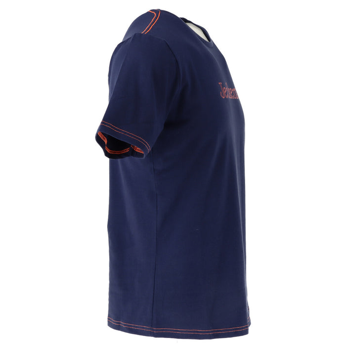 Image 3 : Détail du logo Jeckerson brodé en orange sur t-shirt bleu marine, surpiqûres contrastées aux manches — Delvale