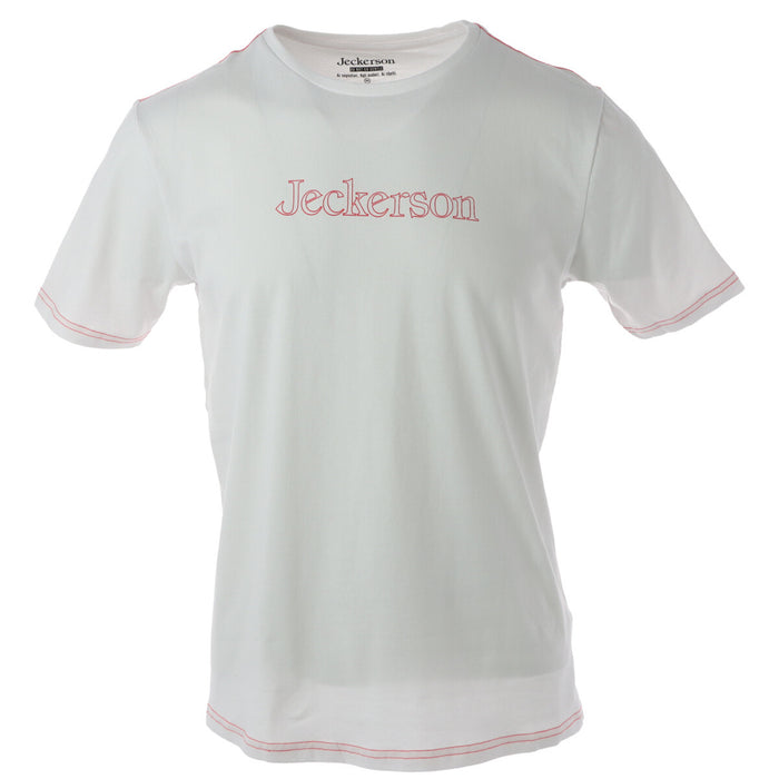 Image 4 : T-shirt Jeckerson homme bleu marine manches courtes, coupe slim, surpiqûres oranges sur fond blanc — Delvale