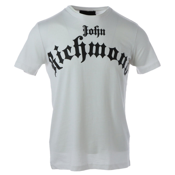 Image 1 : T-shirt John Richmond blanc à manches courtes et col rond, logo gothique 'John Richmond' imprimé en noir sur le devant, vue de trois quarts — Delvale