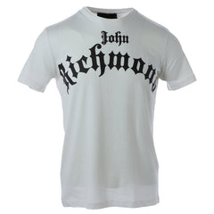 Image 1 : T-shirt John Richmond blanc à manches courtes et col rond, logo gothique 'John Richmond' imprimé en noir sur le devant, vue de trois quarts — Delvale