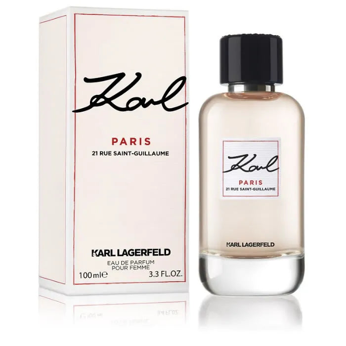 Image 1 : Flacon Karl Lagerfeld Paris 21 Rue Saint-Guillaume Eau de Parfum femme 100ml vaporisateur avec son coffret blanc et rouge — Delvale