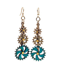 Kinetic steampunk gear earrings with turning gears, laser-cut and made in USA