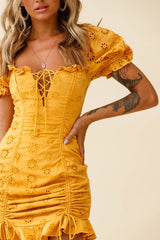 La Quinta Lace-Up Bust Drawstring Detail Anglaise Dress Yellow
