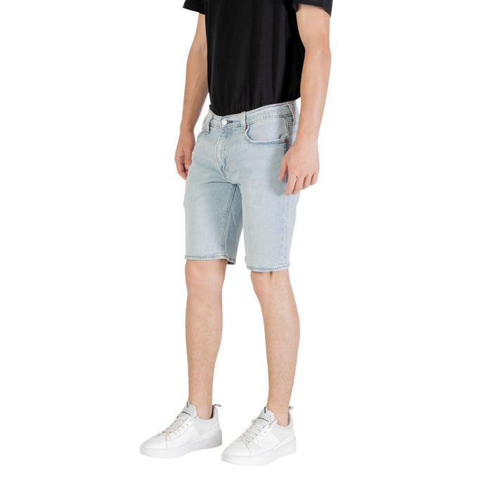 Levi's Bermuda Jean Homme Bleu Azur Délavé Rivets Orange Vue Trois Quarts — Delvale