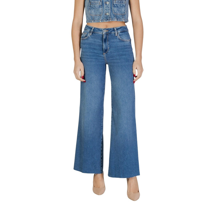 Image 1 : Jean wide leg Liu Jo femme en denim bleu taille haute, vue de face jambes larges avec ourlet effiloché et finitions brutes — Delvale