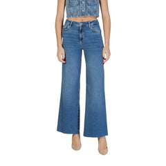 Image 1 : Jean wide leg Liu Jo femme en denim bleu taille haute, vue de face jambes larges avec ourlet effiloché et finitions brutes — Delvale