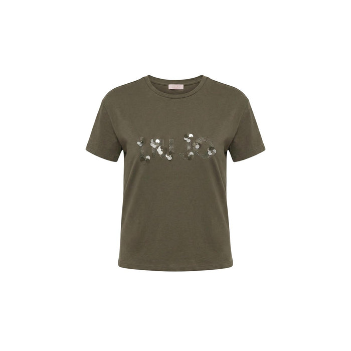 Image 2 : T-shirt crop Liu Jo femme couleur kaki avec appliqués de sequins miroir argentés sur le devant — Delvale