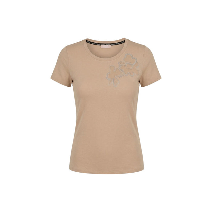 Image 3 : Vue rapprochée du t-shirt Liu Jo beige, mise en valeur de la broderie strass argentée sur la poitrine — Delvale