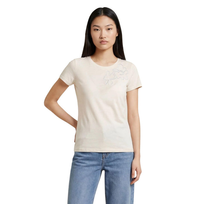 Image 4 : T-shirt femme Liu Jo beige col rond, coupe ajustée, modèle vu de trois quarts, look casual chic — Delvale