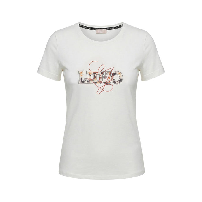 Image 2 : T-shirt Liu Jo femme beige avec logo fleuri sur la poitrine, encolure ronde et manches courtes — Delvale