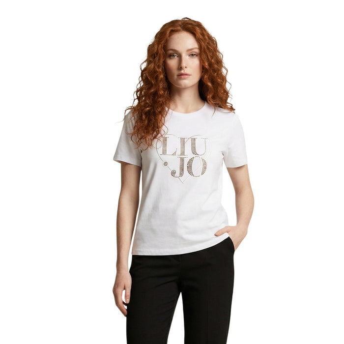 Image 1 : Femme portant le t-shirt Liu Jo blanc à col rond avec logo strass doré en forme de cœur, vue de face — Delvale